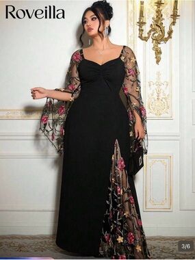 Black Evening Gown with Floral Embroidered Sheer Panels